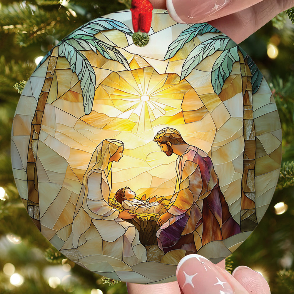 Teesdily | Holy Family Stained Glass Print Christmas Ornament, Jesus Nativity Ornament 2D, Religious Christian Scene Ornament Gift