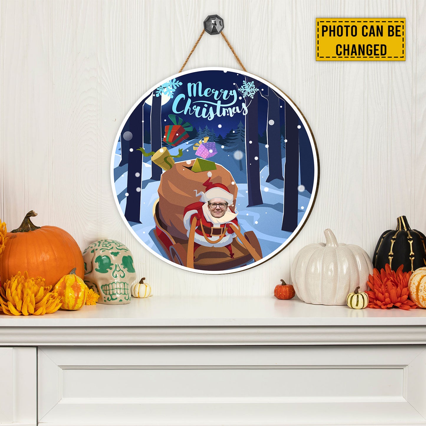 Teesdily | Customized Photo Santa Claus In A Sleigh With Presents In A Hurry For The Holiday Christmas Wood Sign Front Door Decor