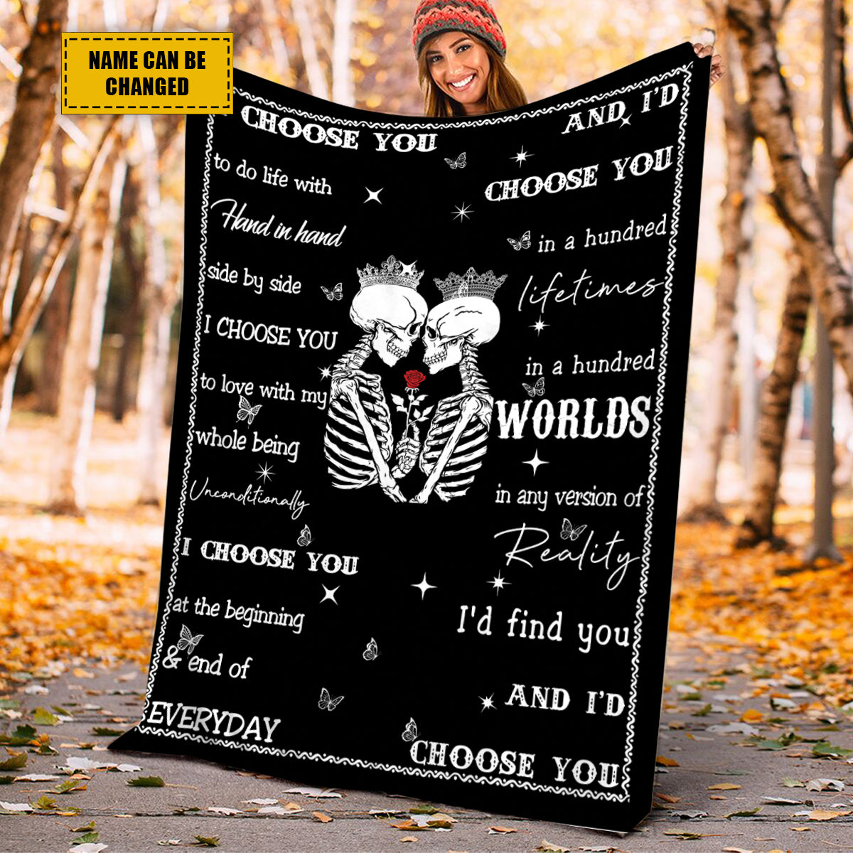 Teesdily | Customized Couple Halloween Goth Skull Throw Blanket Personalized Spooky Skeleton Together Forever Fleece Blanket Gothic Style Gifts