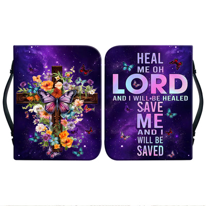 Teesdily | Jesus Cross Floral Customized Bible Cover Heal Me Oh Lord And I Will Be Healed Bible Case Butterfly Galaxy Print Gift For Women In Faith