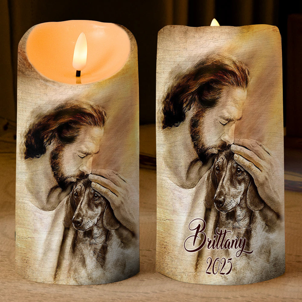 Teesdily | Customized Jesus With Dogs Memorial Led Candle, Pet Sympathy Gift, Dog Mom Gift, Memorial Dog Led Candle