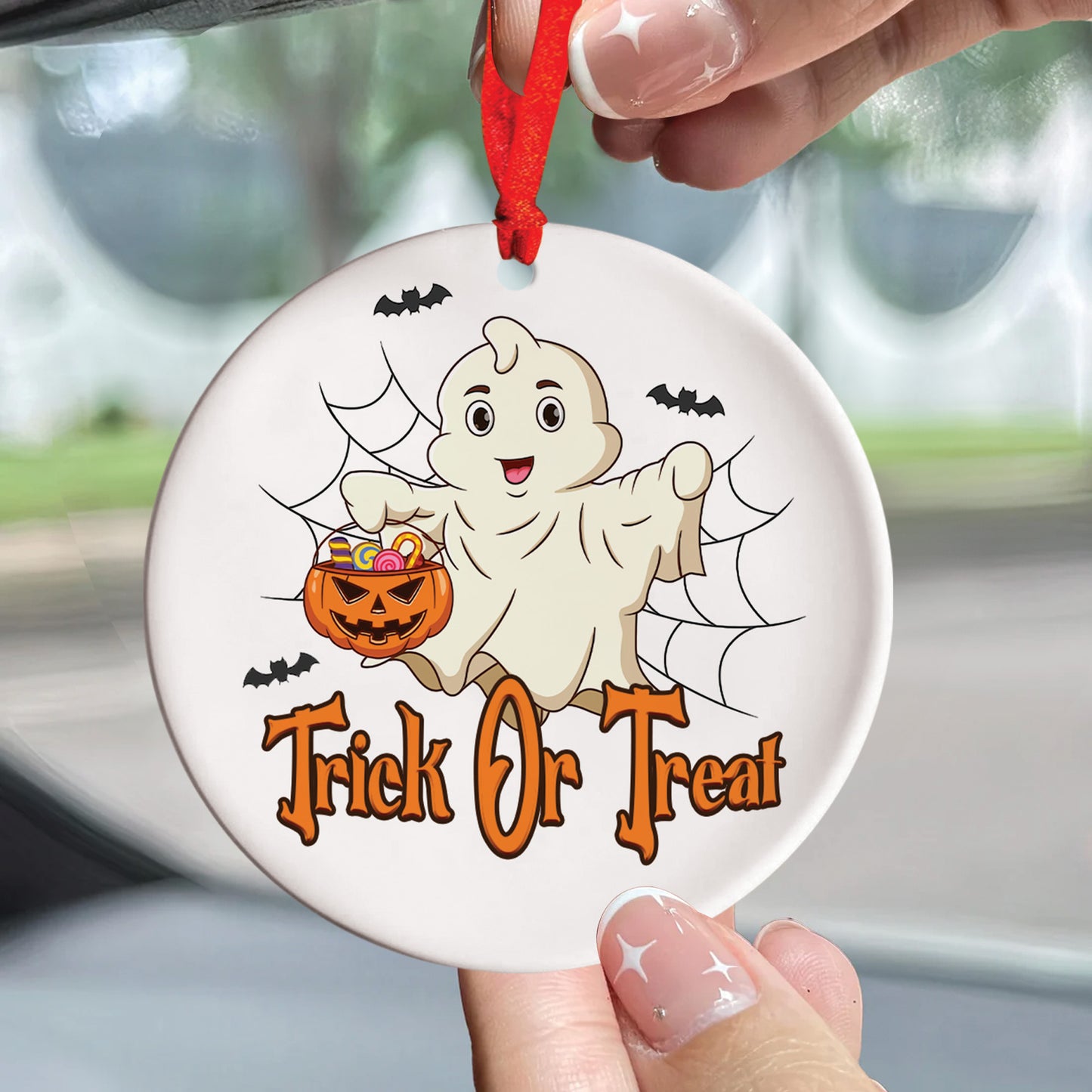 Teesdily | Cute Ghost Halloween Car Ornament, Trick Or Treat Ceramic Car Hanging Ornament, Halloween Ornament Decor, Happy Halloween Gift