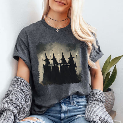 Teesdily | Vintage Girls Will Be Girls Witch Shirt, Halloween Witch T-shirt, Funny Witch Vintage Sweatshirt, Vintage Halloween Hoodie Women Gift