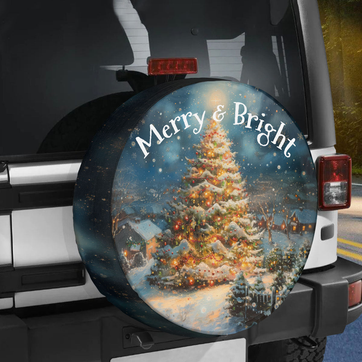 Teesdily | Christmas Tree Car Spare Tire Cover, Merry And Bright Car Wheel Cover Family Christmas Gift, Holiday Winter Tis The Season, Car Decoration