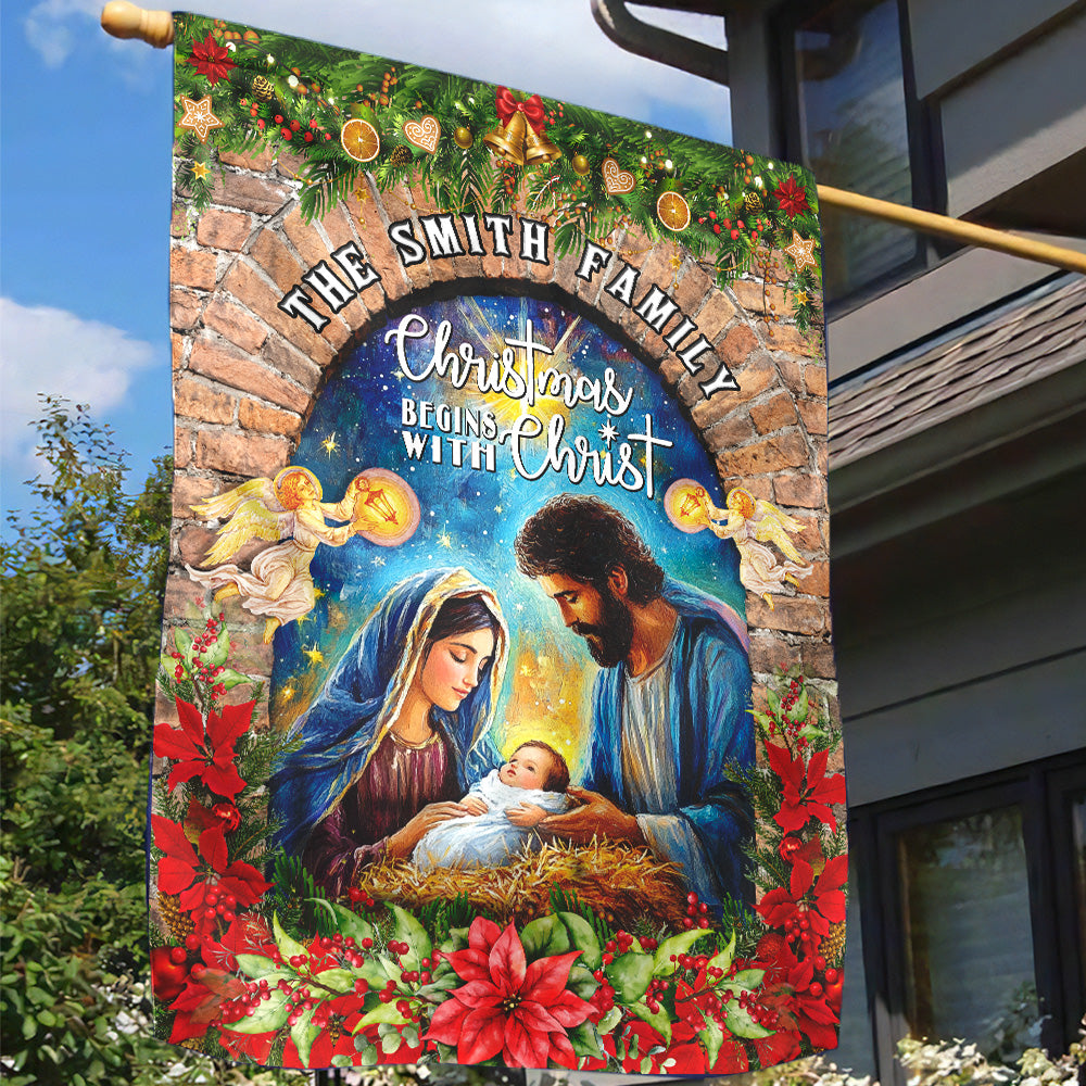 Teesdily | Customized Christmas Begins With Christ Garden Flag, Holy Family Jesus Christmas Flag House, Religious Christmas Gift