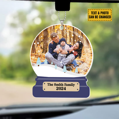 Teesdily | Personalized Family Picture snowglobe Ornament Car Hanger, 2024 Unique Christmas Ornament, Family Memorial Ornament, Gift For Holiday