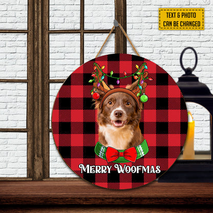 Teesdily | Customized Dog Photo Christmas Santa Round Wood Sign Merry Woofmas Wood Door Hanger Pet Owner Christmas Door Hanging