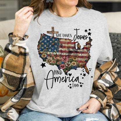 Teesdily | Jesus American Flag Flower Cross Shirt, She Loves Jesus And America Too Sweatshirt, US Pride Patriot Hoodie, Independence Day Gifts