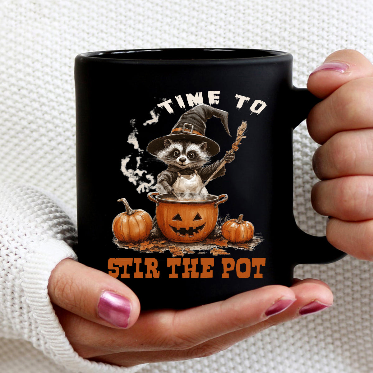 Teesdily | Time To Stir The Pot Witch Halloween Shirt, Funny Raccoon Witch Retro Halloween Sweatshirt, Spooky Season Hoodie Mug Gift