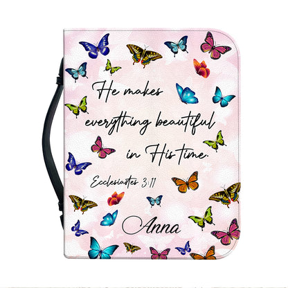 Teesdily | God Bible Verse Butterfly Leather Bible Cover He Makes Everything Beautiful In His Time Bible Book Cover Christian Gifts For Women Faith