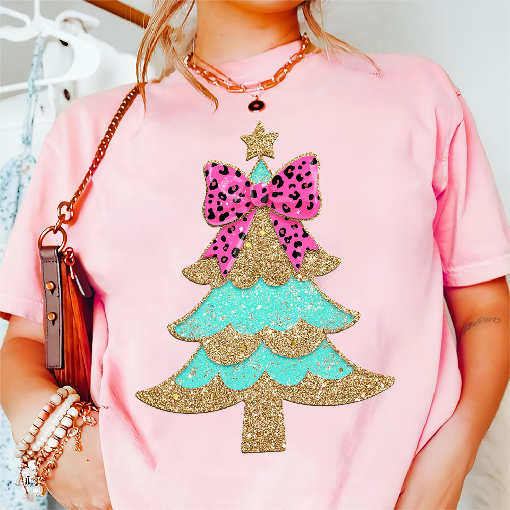 Teesdily | Christmas Tree Bow Shirt, Christmas Coquette Bow Glitter Leopard Sweatshirt, Christmas Hoodie Mug For Women