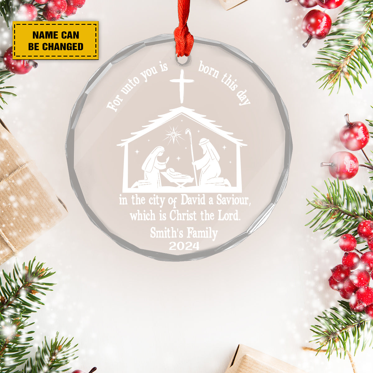 Teesdily | Personalized Jesus Faith Glass Ornament, For Unto You Is Born This Day Nativity Scene Ornament Christmas, Christ The Lord Religious Gift