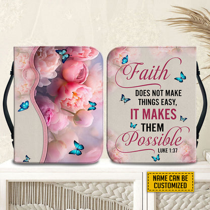 Teesdily | God Bible Verse Custom Bible Cover Peony Butterfly Bible Holder Faith Does Not Make Things Easy It Makes Theme Possible Christian Gift