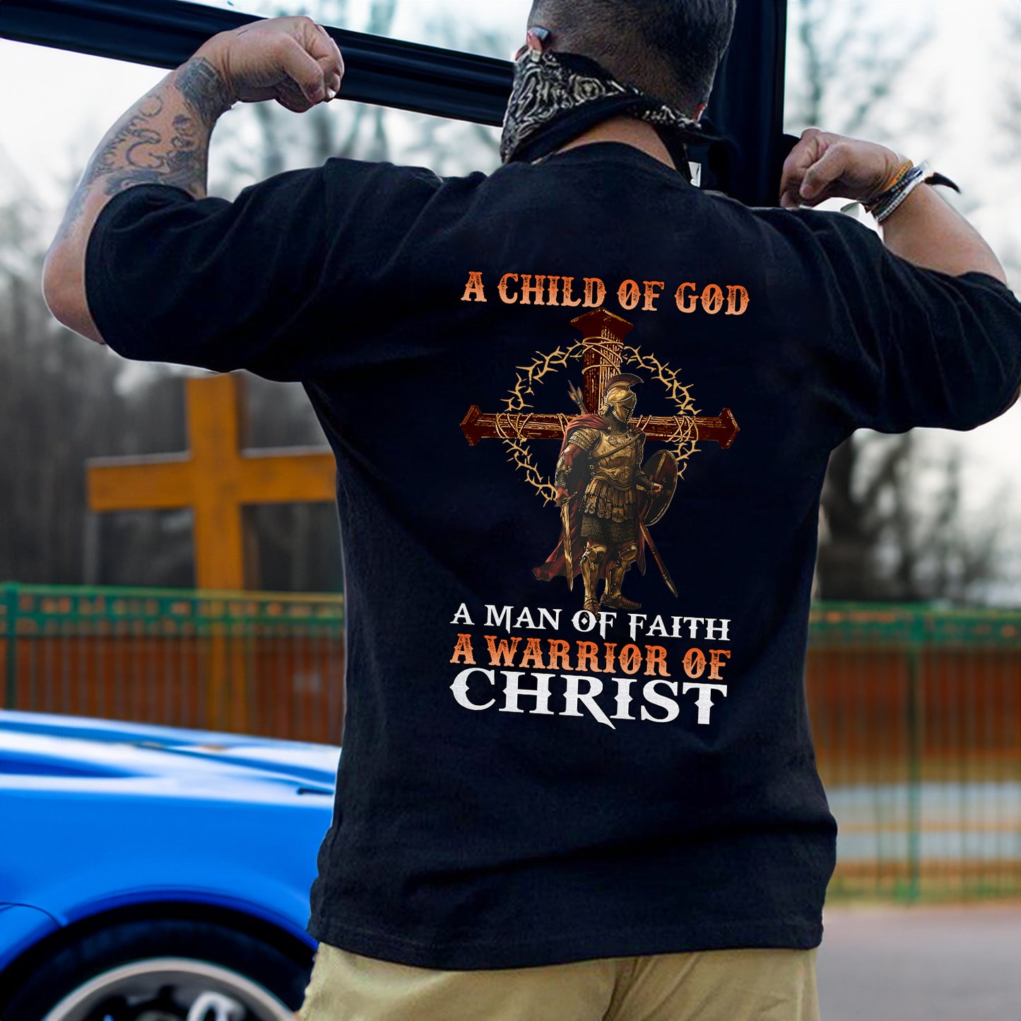 Teesdily | Jesus Warrior Man Shirt, A Child Of God A Man Of Faith A Warrior Of Christ Hoodie Sweatshirt Mug, Christian Shirt Back Design, Jesus Gifts