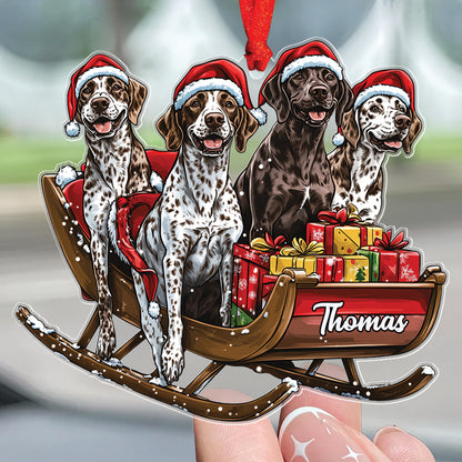 Teesdily | Customized Christmas Dog Ornament, German Shorthaired On Santa SleighOrnament, Dog Mom Border Collie Christmas Gifts