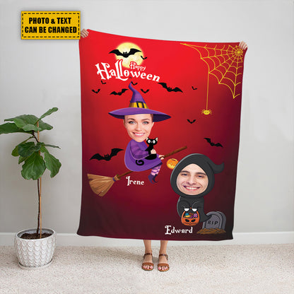 Teesdily | Halloween Custom Face Blanket Funny Witch Personalized Photo Blankets Throw With Picture Halloween Gift For Family And Friends