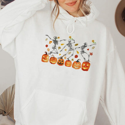 Teesdily | Halloween Dancing Skeleton Shirt, Skeleton Dancing Pumpkin Sweatshirt Hoodie Mug, Spooky Season Tee, Holiday Party Shirt, Halloween Gift