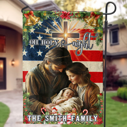 Teesdily | Customized Nativity Of Jesus Holy Family American Flag House, Oh Holy Night Christmas Garden Flag Decoration Yard