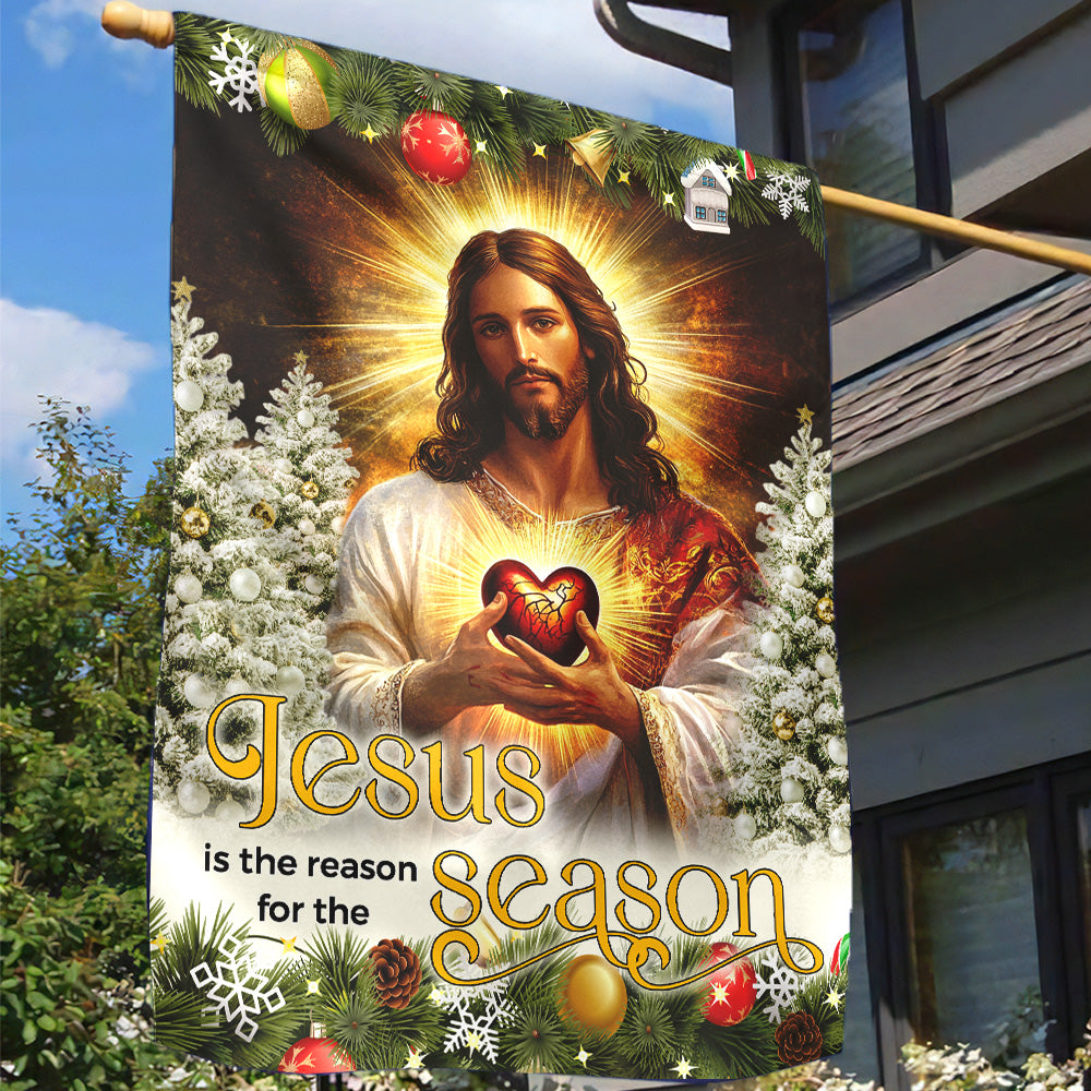 Teesdily | Jesus Christ Scared Heart Christmas Flag, Jesus Is The Reason For The Season House Flag, Xmas Tree Flag Decor Garden