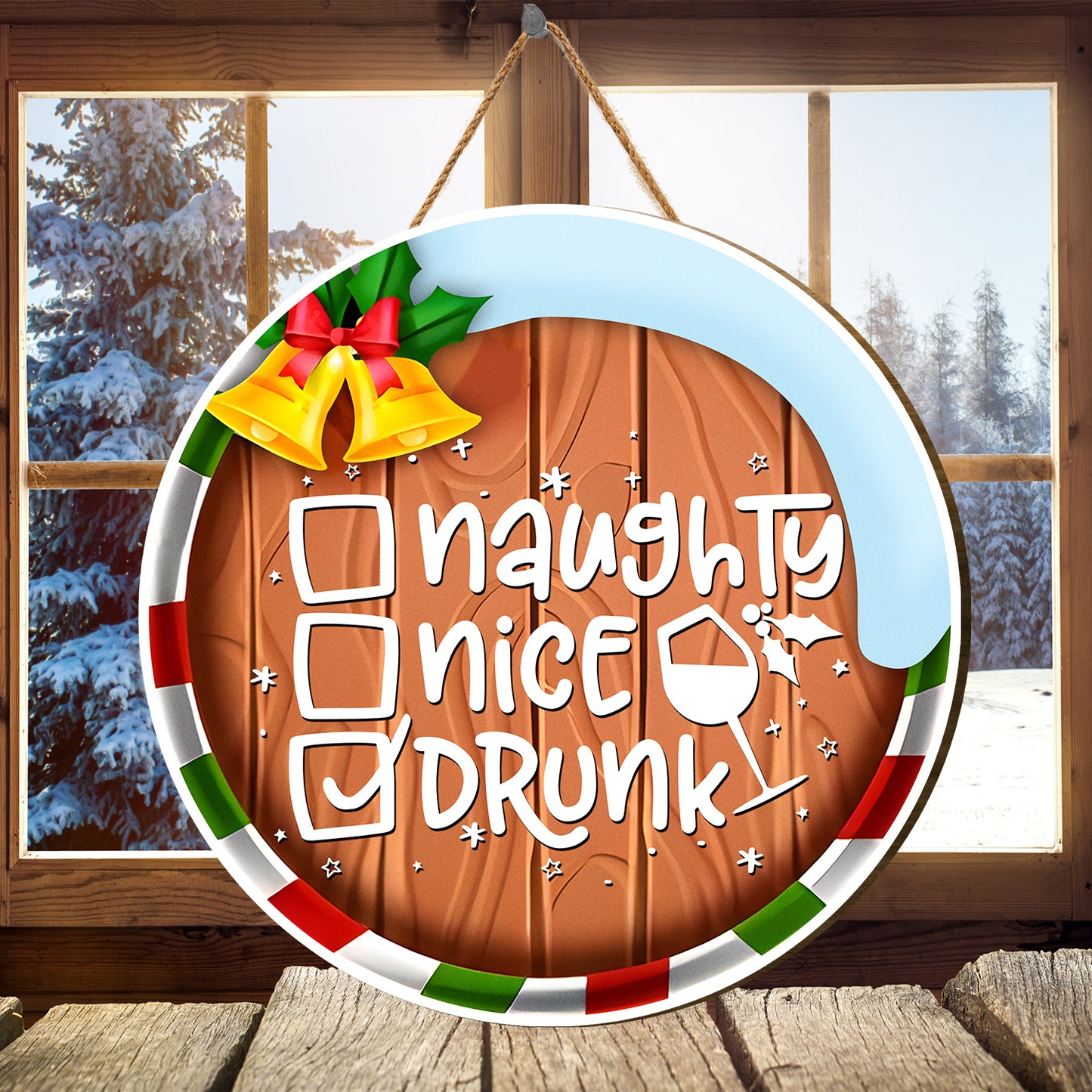 Teesdily | Christmas Wood Sign, Naughty Nice Drunk Funny Calligraphy Wooden Sign, Christmas Party Home Decoration, Drinking Lover Front Door Decor