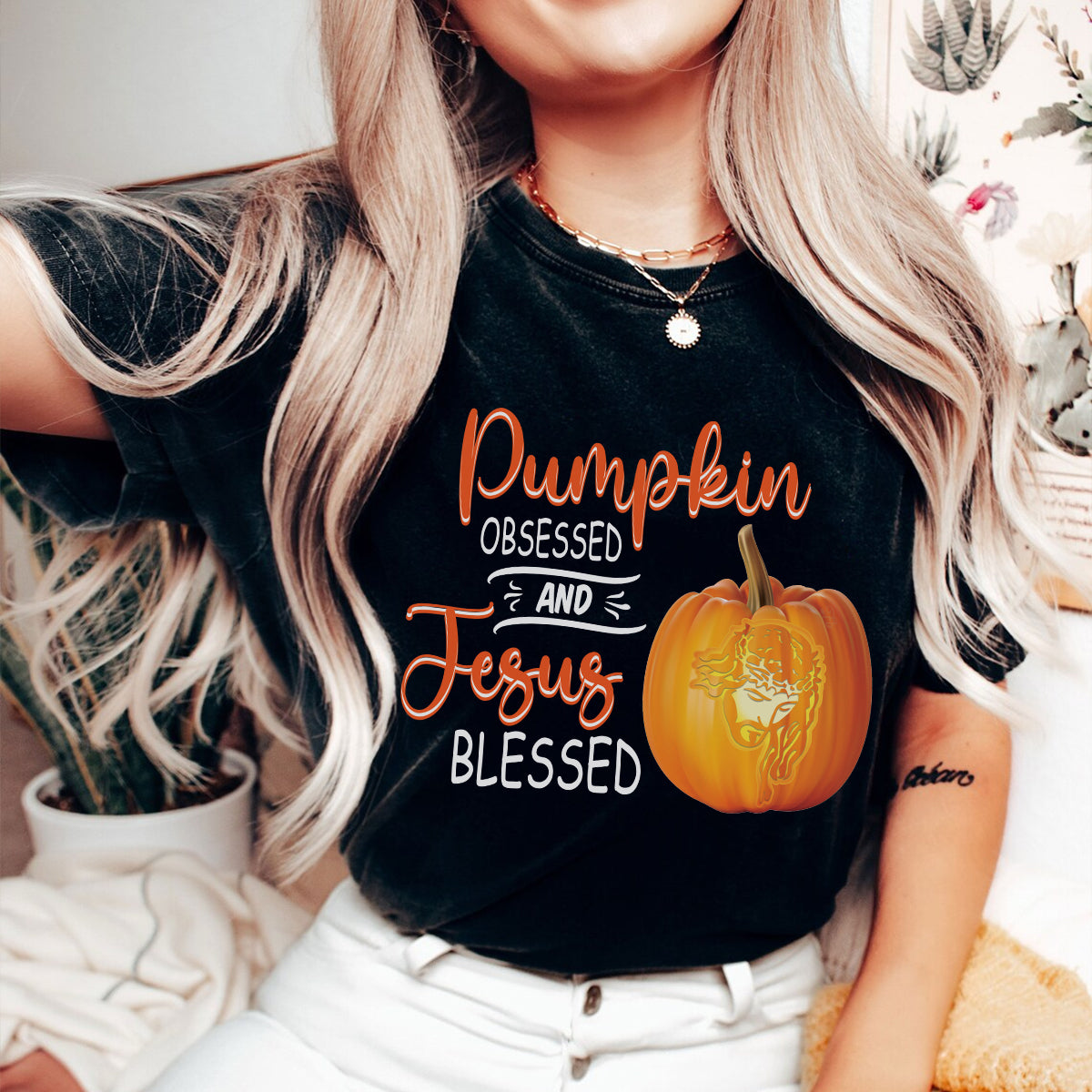 Teesdily | Jesus Pumpkin Shirt, Pumpkin Obsessed And Jesus Blessed Autumn Tee Sweatshirt Hoodie Mug, Christian Apparel, Pumpkin Jesus Lovers Gifts