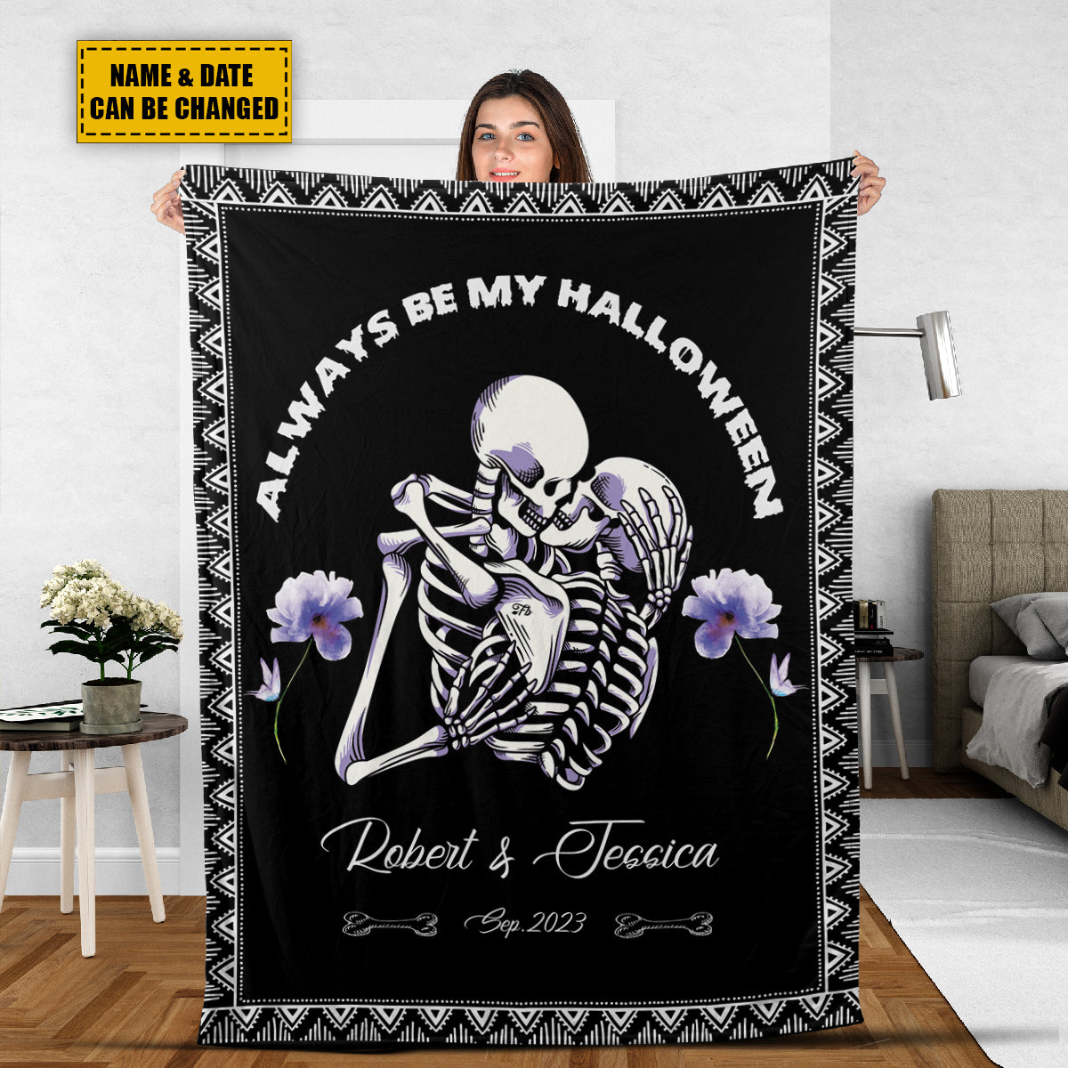 Teesdily | Skeleton Couple Custom Name Blanket Skeleton Halloween Throw Blankets Gothic Spooky Blanket Halloween Valentines Day Christmas Decor