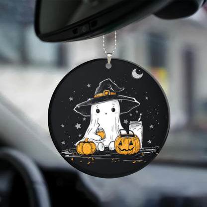 Teesdily | Happy Halloween Cute Ghost Ceramic Ornament, Ghost And Pumpkin Halloween Plastic And Ceramic Ornament, Halloween Ornament Decor Gifts