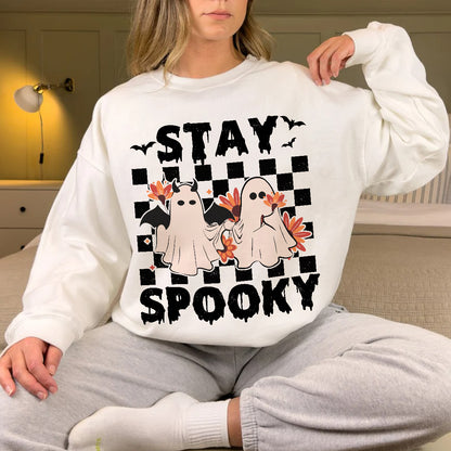 Teesdily | Cute Ghost Halloween Shirt, Stay Spooky Happy Halloween Tee Sweatshirt Hoodie Mug, Halloween Gifts, Spooky Retro Ghost Tee