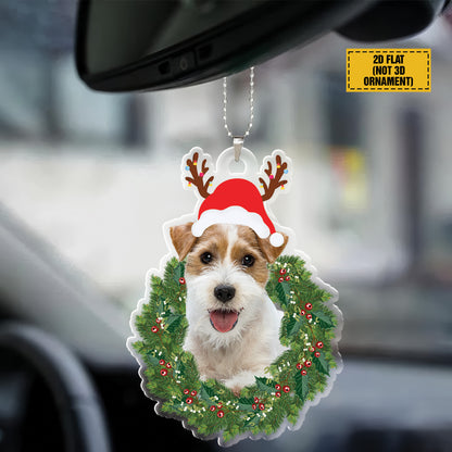 Teesdily | Jack Russell Terrier Christmas Wreath Ornament, Jack Russell Terrier Xmas Hat Deer Antlers Car Hanging Ornament, Dog Owner Xmas Tree Decor