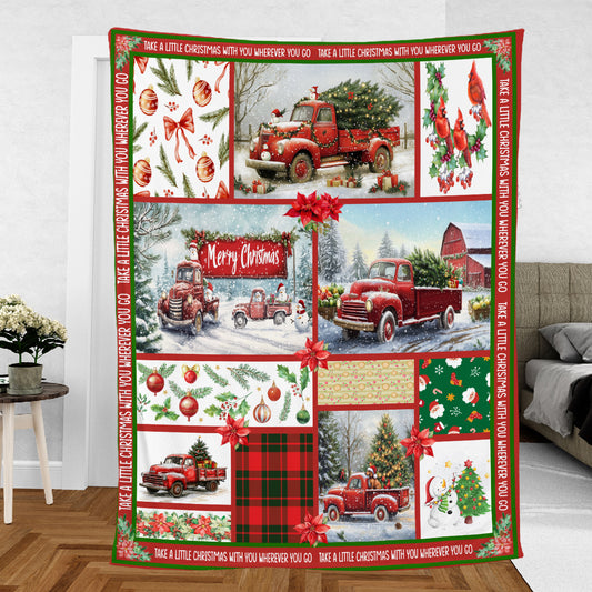 Teesdily | Red Truck Cardinal Merry Christmas Blanket, Take A Little Christmas With You Wherever You Go Blanket Throw, Xmas Gifts