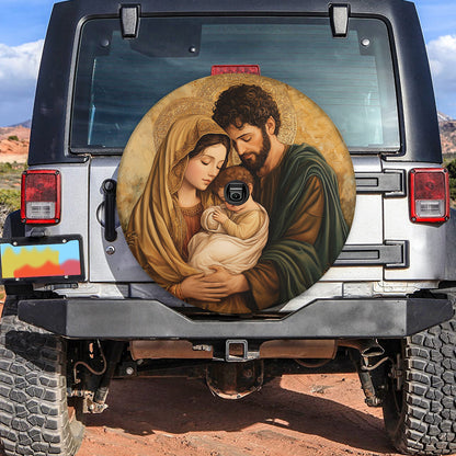 Teesdily | Holy Family Car Spare Tire Cover, Merry Christmas 2024 Wheel Cover, Jesus Christmas Tire Protector Decoration Gift