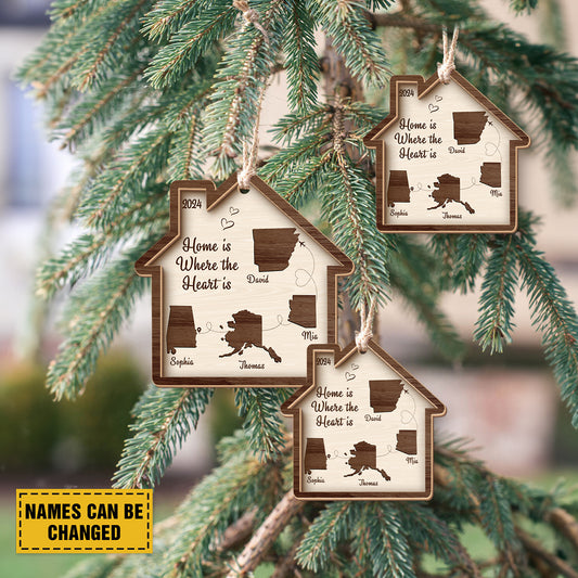 Teesdily | Customized Home Is Where The Heart Is Family Ornament Christmas, State Maps House 2024 Family Wood Ornament Xmas Gifts