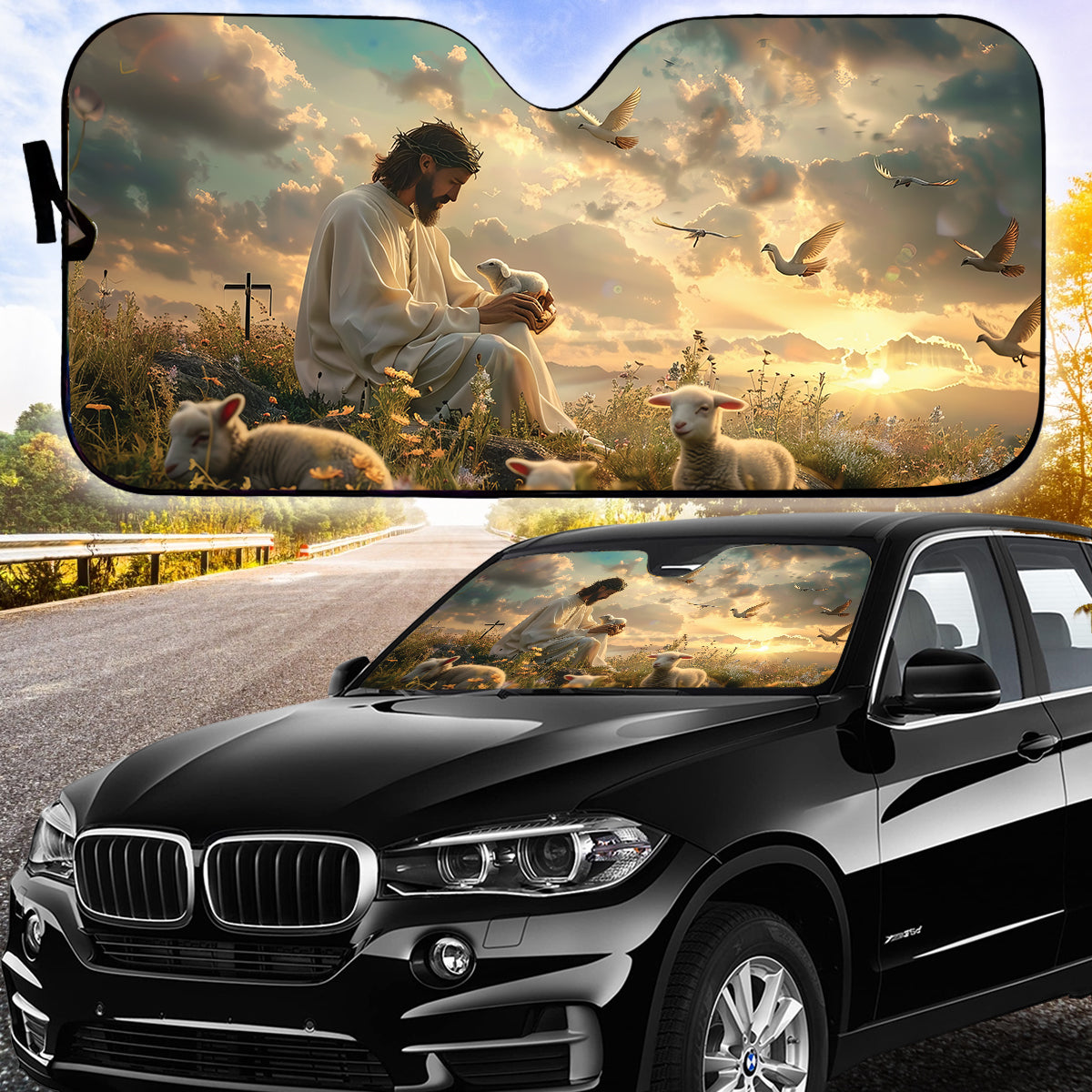 Teesdily | Jesus Lambs Bird Car Sunshade, Lambs Of God Auto Sunshade, Jesus Windshield Sun Shade Protector, Car Accessories, Christ Religious Gifts