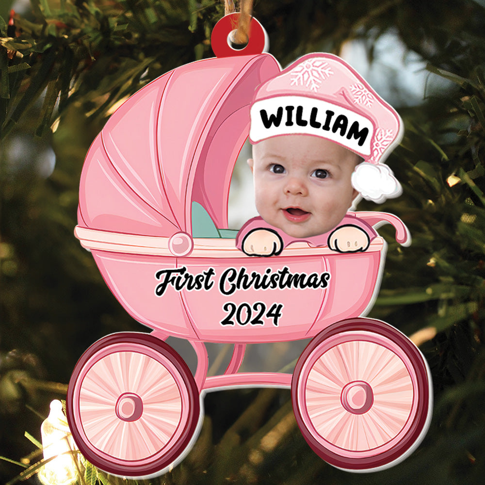 Teesdily | Personalized Baby's First Christmas Ornament, Baby Carriage Acrylic Ornament Christmas, Keepsake Ornament Xmas Gift