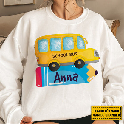 Teesdily | Teacher Customized School Bus Pencil Shirt, Back To School Day T-shirt, Teacher Life Sweatshirt Hoodie Mug, First Day Of School Gifts