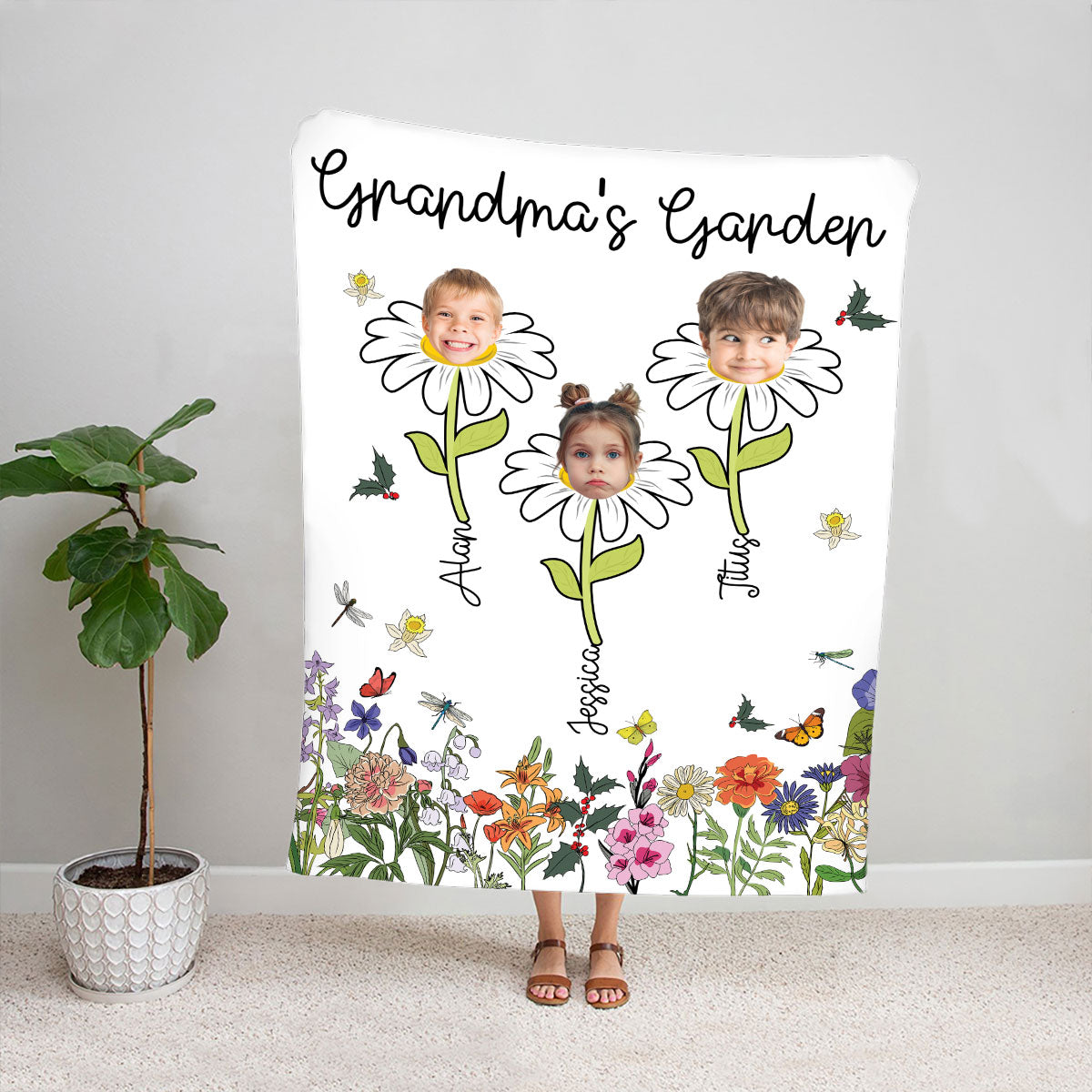 Teesdily | Grandmas Garden Personalized Fleece Blanket With Pictures Happy Mother's Day Cozy Blanket Cusomized Gift For Grandmom Gardening Lovers