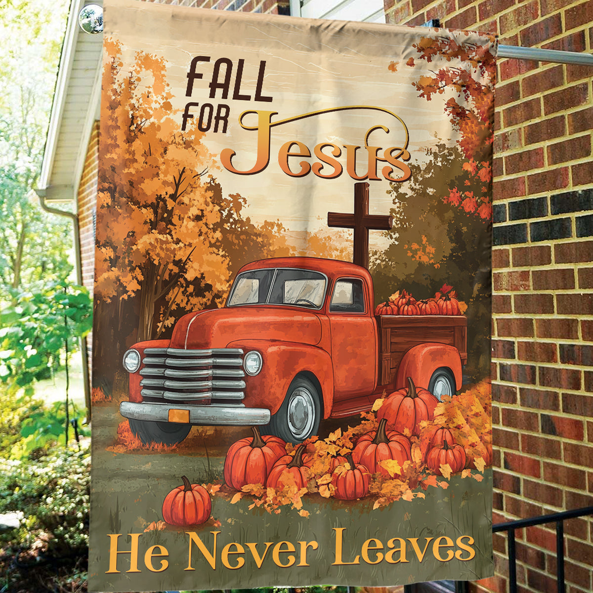 Teesdily | Thanksgiving Pumpkin Jesus Cross House Flag, Fall For Jesus He Never Leaves Garden Flag, Jesus Lover Gift, Jesus Outdoor Yard Decor