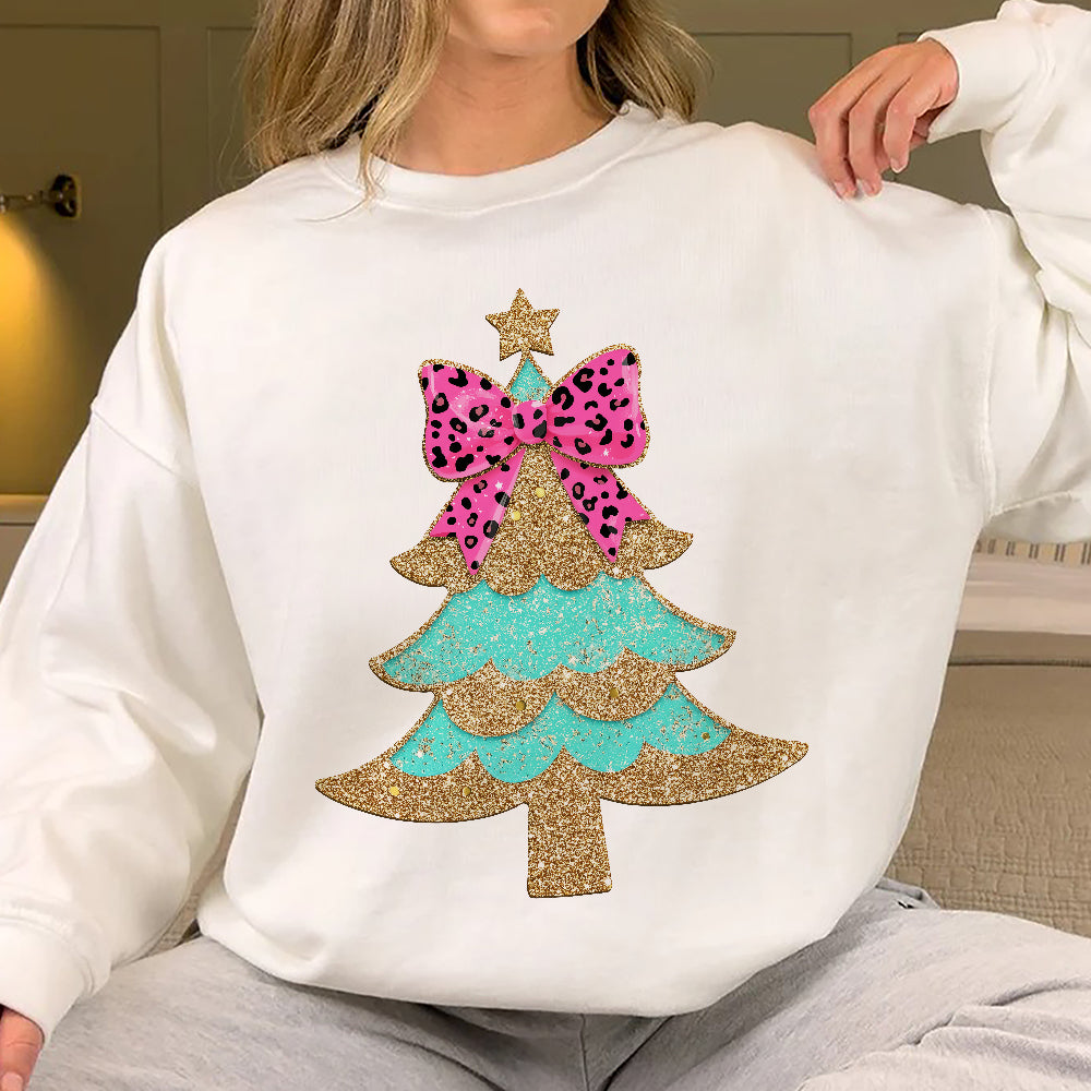 Teesdily | Christmas Tree Bow Shirt, Christmas Coquette Bow Glitter Leopard Sweatshirt, Christmas Hoodie Mug For Women