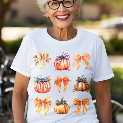 Teesdily | Retro Fall Pumpkin Shirt, Retro Halloween Coquette Bow Spooky Mama Sweatshirt Hoodie Mug, Fall Pumpkin Coquette Bow T-shirt