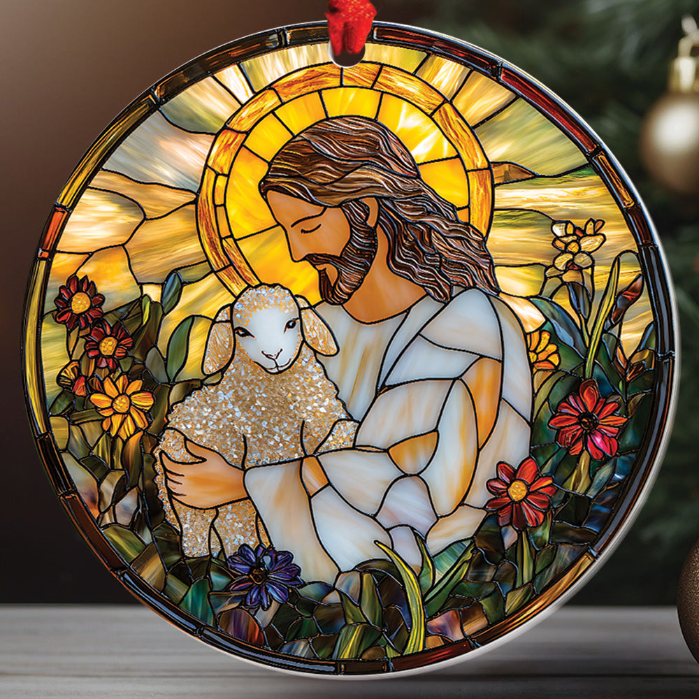 Teesdily | Jesus And Lamb Ornament Christmas, Jesus Christ Sheep Flower Stained Glass Printed Ornament 2D, Christmas Decor Gift