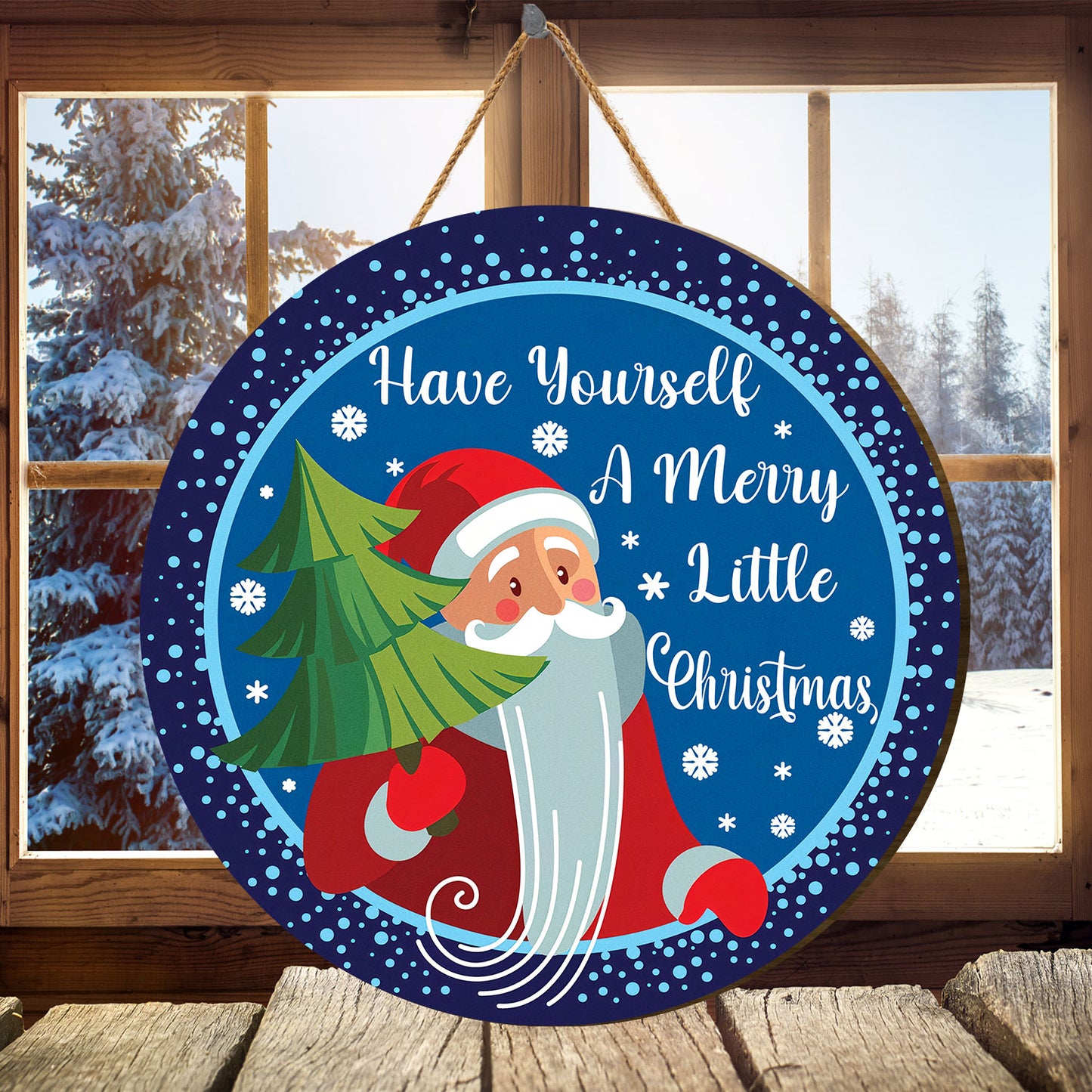 Teesdily | Santa Claus Christmas Round Wood Sign Have Yourself A Merry Little Christmas Quote Wood Sign Christmas Home Decoration Front Door Sign