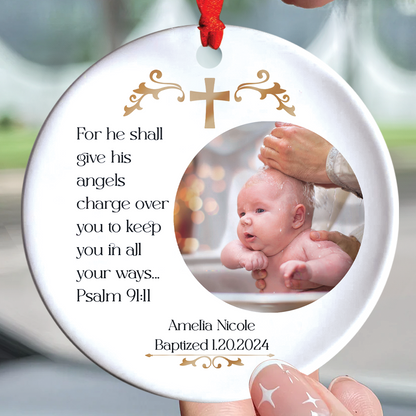 Teesdily | Customized Baptism Ceramic Ornament, For He Shall Give His Angels Charge Over You Christmas Ornament, Keepsake Gift