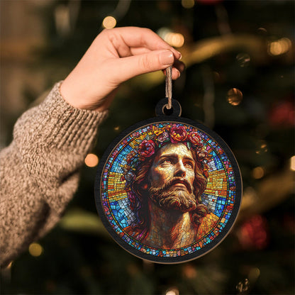 Teesdily | Jesus Flower Suncatcher, Jesus Christ Suncatcher Christmas Decor Hanging, God Faith Floral Stain Glass Suncatcher, Jesus Lover Gift