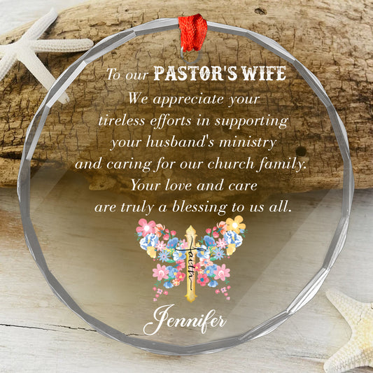 Teesdily | Customized Pastor's Wife Jesus Cross Glass Ornament, We Appreciate Your Tireless Efforts Christmas Ornament, Jesus Gift