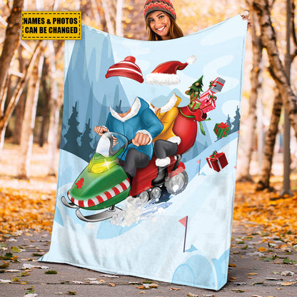 Teesdily | Couple Christmas Customize Blankets With Photos, Christmas Sled Couple Funny Sherpa Blanket, Wife Husband Customize Blanket, Xmas Gifts