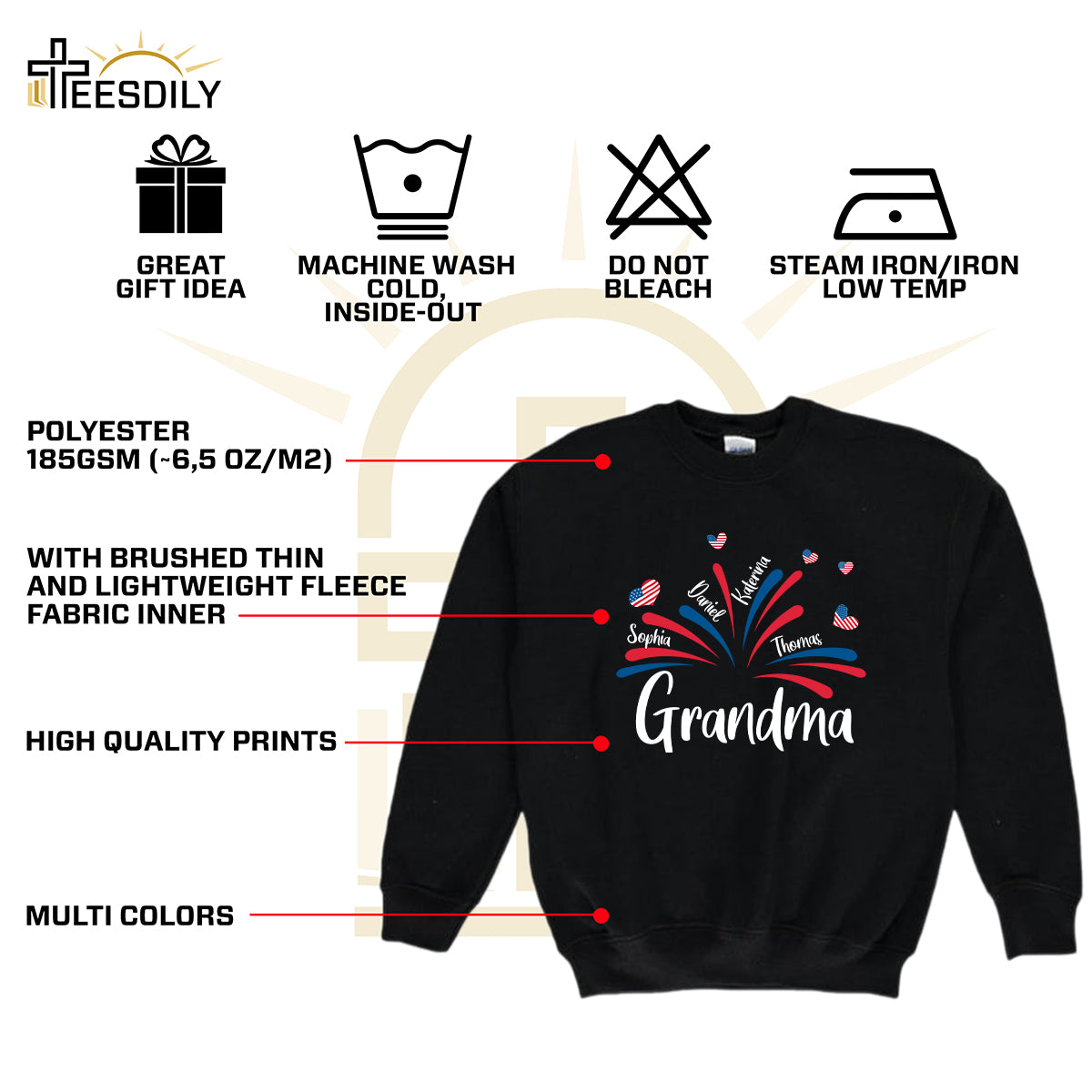 Teesdily | Customized Grandma American Flag Shirt, Fireworks Heart Mom Sweatshirt, Mama And Kids T-Shirt, Mom Papa Mug Cup, Independence Day Gifts