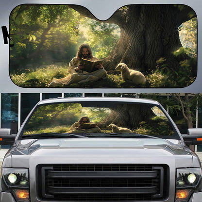 Teesdily | Jesus And Lambs Car Sunshade, Lambs Of God Auto Sun Shade, Jesus Windshield Sunshade, Christ Window Sunshade, Christian Faith Gifts