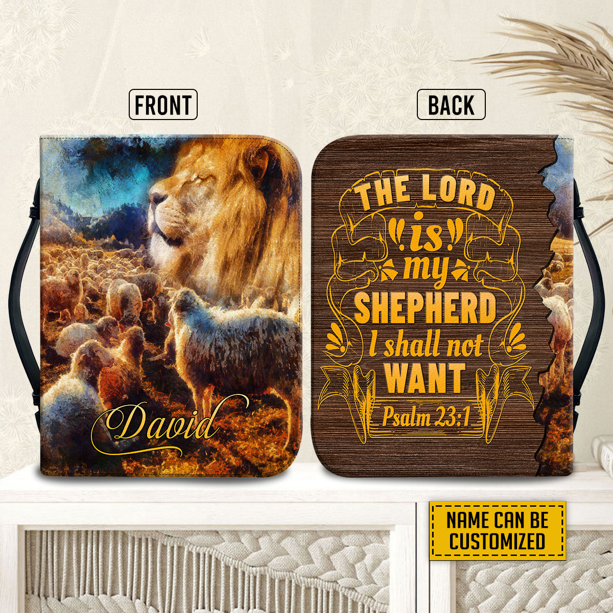 Teesdily | Jesus Lion And Lamb Personalized Bible Bags, The Lord Is My Shepherd Bible Cases, God Bible Verse Bible Cover With Handle, Christian Gifts