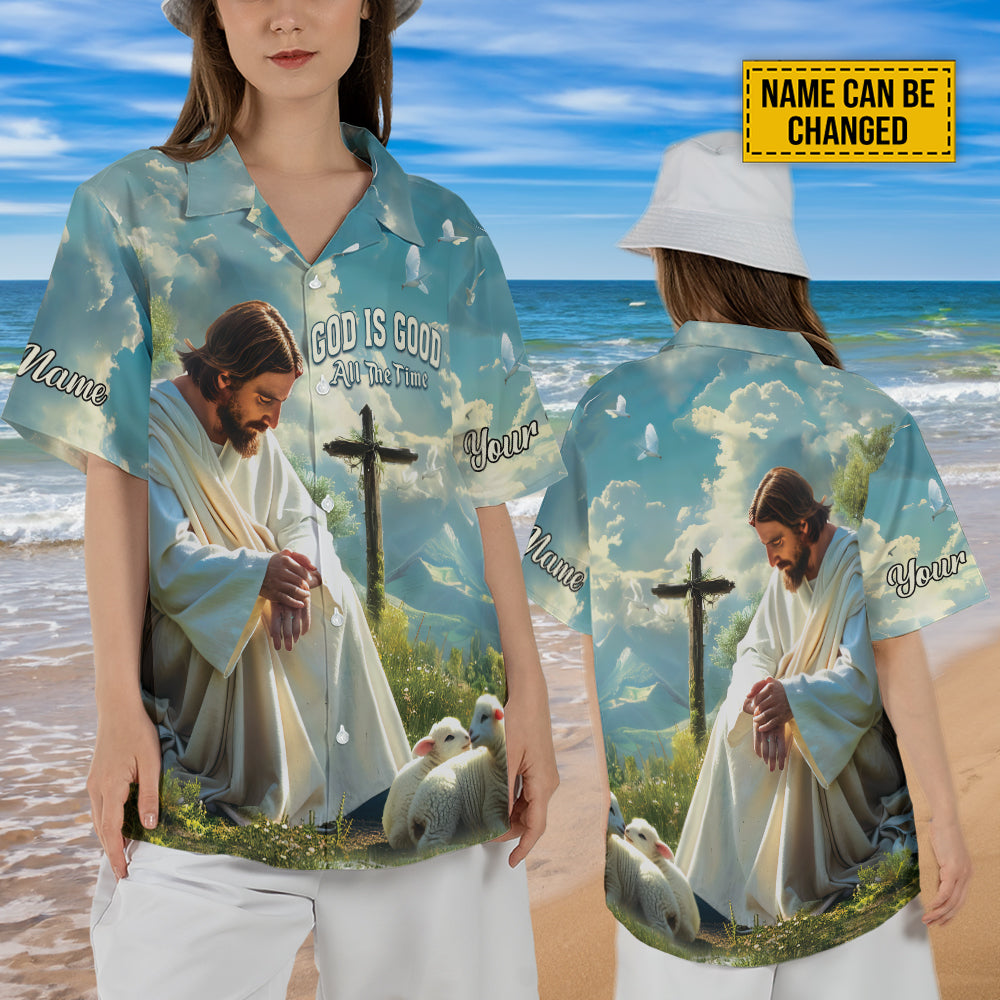 Teesdily | Customized Jesus And Lambs Hawaiian Shirt, God Is Good All The Time Hawaii Shirt, Lamb Of God Summer Aloha Set, Christ Religious Gifts