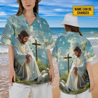 Teesdily | Customized Jesus And Lambs Hawaiian Shirt, God Is Good All The Time Hawaii Shirt, Lamb Of God Summer Aloha Set, Christ Religious Gifts